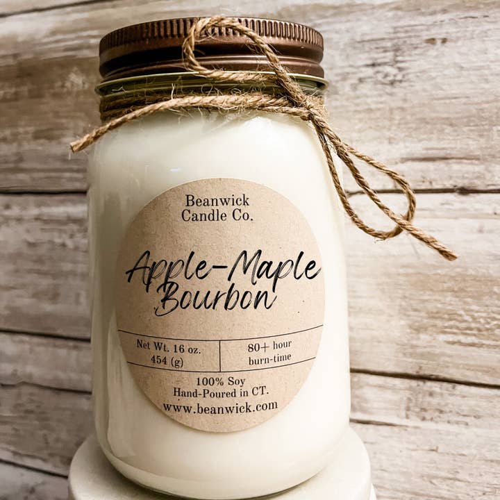 APPLE & MAPLE BOURBON Soy Candle in Mason Jar Unique Gift for wholesale by Beanwick Candle Co.