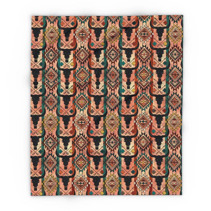 Grassy Creek Designs - Wholesale Throw Blanket - Southwest Style Skull & Aztec Design Fleece Throw Blanket (Two size Options)1
