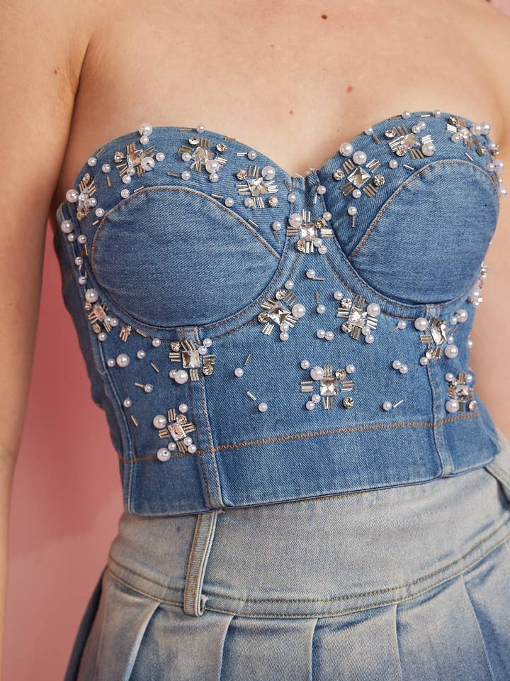 IC3056 Embellished Denim Bustier Top for wholesale by KIWI