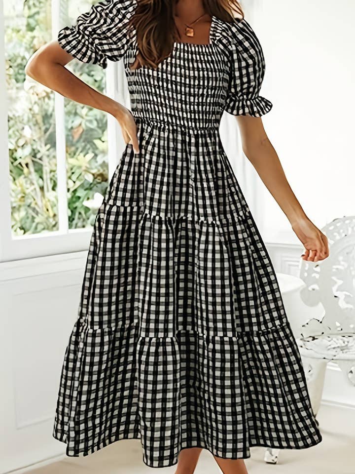 Rosa Clothing - Wholesale Dress - Women's - Textured Gingham Puff Sleeve Tiered Midi Dress19