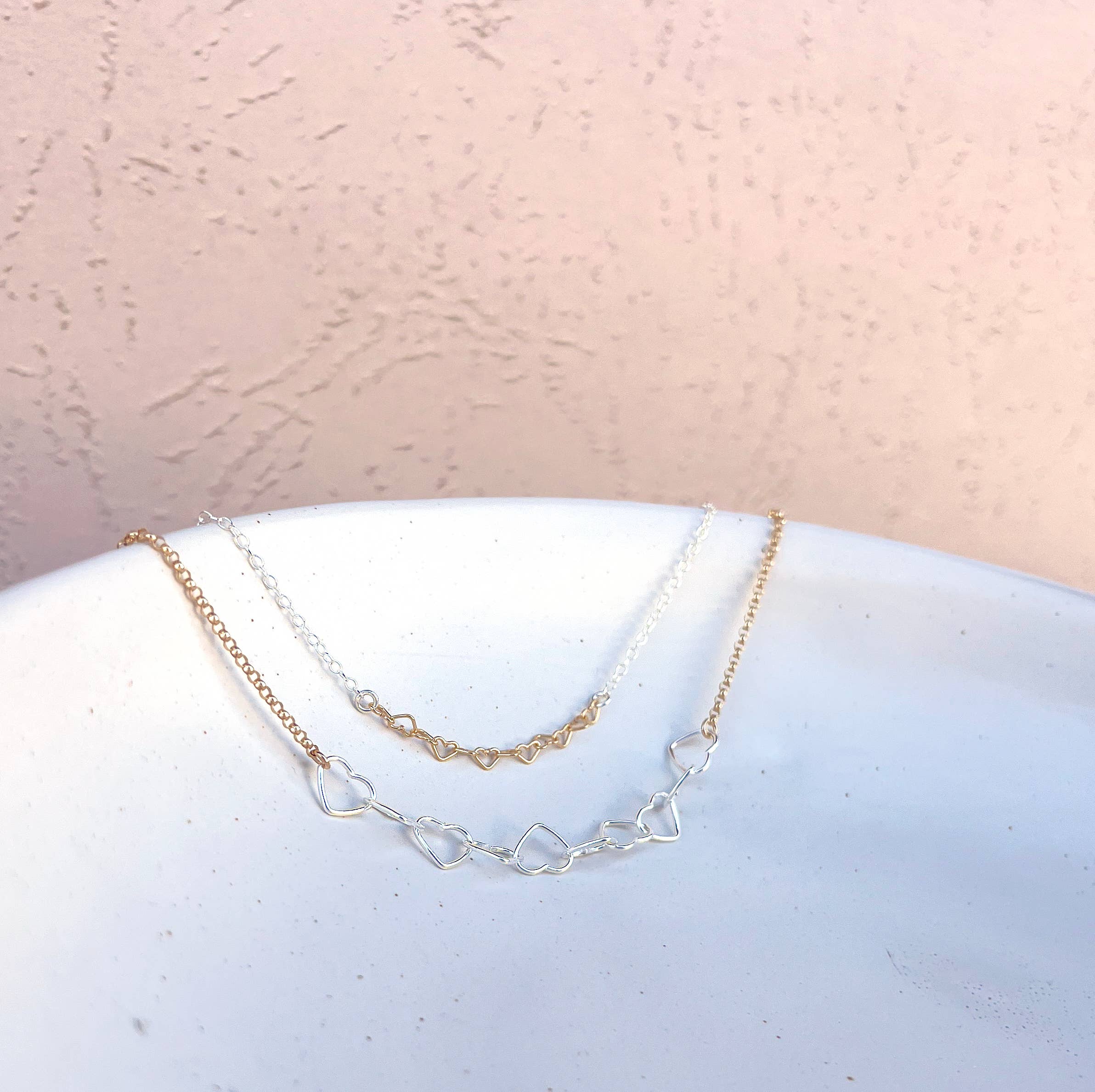 Freshie & Zero - Wholesale Link & Chain Necklace - Itsy Bitsy Linked Gold Hearts Sterling Silver Necklace4