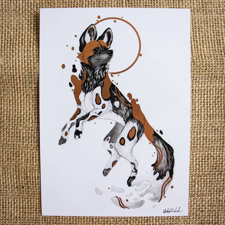 African Wild Dog Gold Foil Art Print | Zoo Animal for wholesale by ANR Illustrations