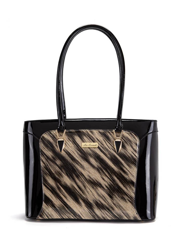 LYRA VEGAN PATENT BAG- XB-2413-GLD/BLK for wholesale by Serenade Beverly Hills Collection