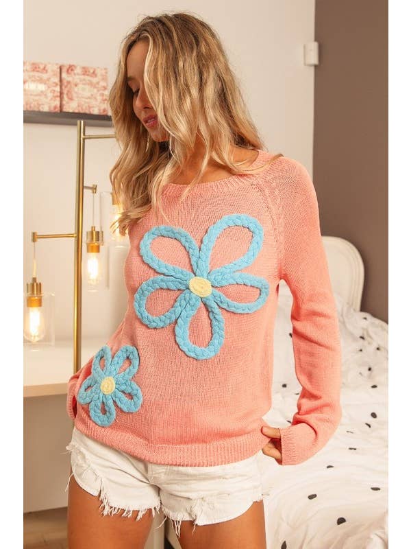 LT CORAL AQUA Flower Patches Lightweight Sweater for wholesale on Faire1