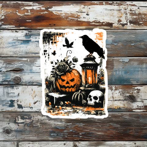 Pegatina de vinilo troquelada de calavera y cuervo estilo grunge para Halloween para venta al por mayor de Prairie Chicken Sticker Shop & Gifts