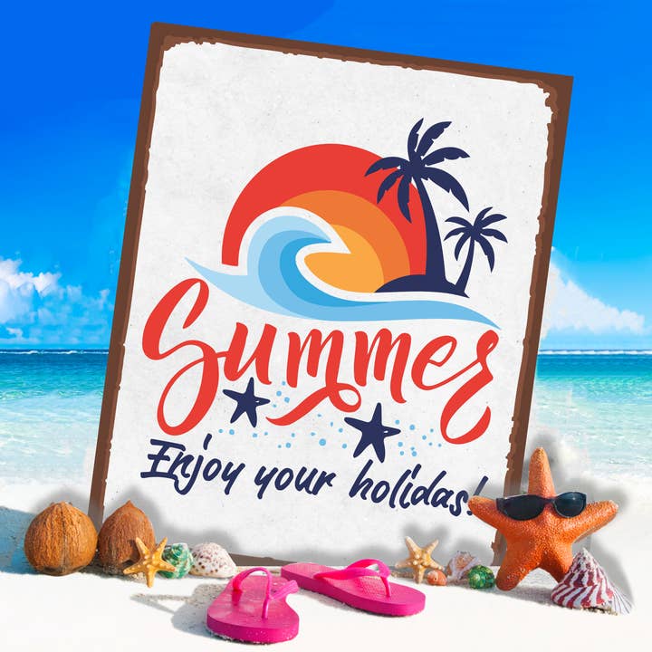 Enjoy Holiday Summer Beach Sea - Metal Wall Sign Plaque for wholesale by The British Metal Signs Company