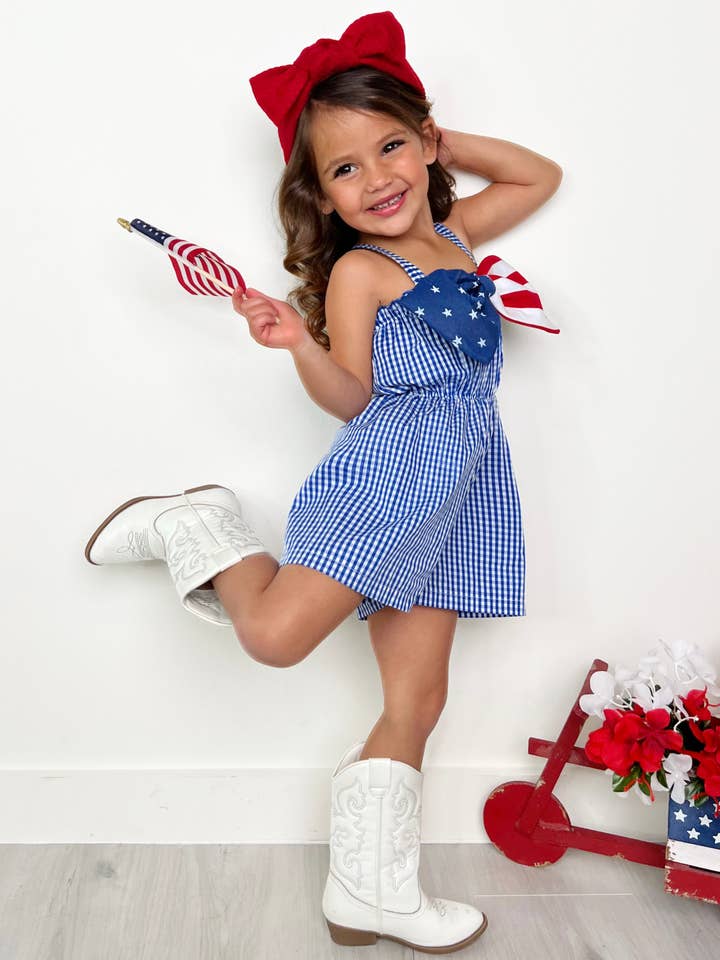 Blue American Bow Gingham Romper for wholesale on Faire3