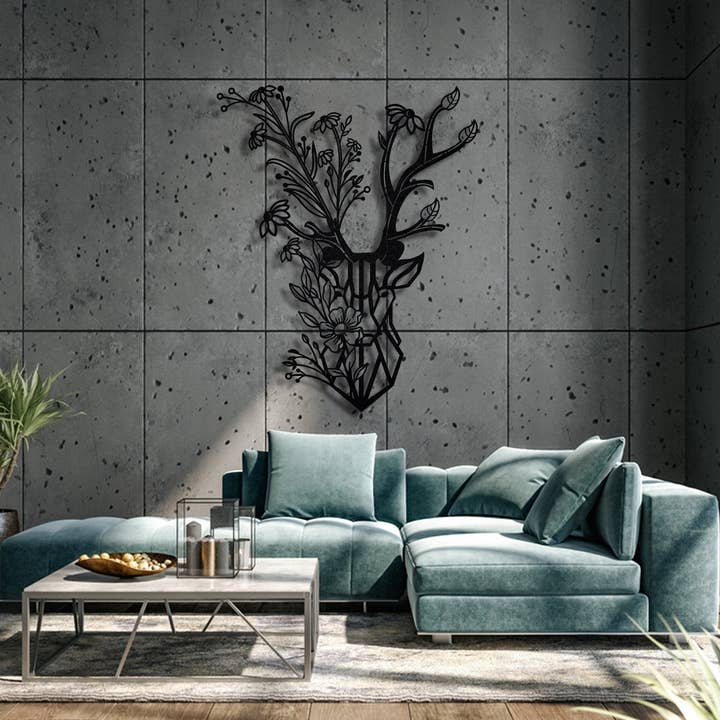 benjashop – wholesale Dimensionell/3D-väggkonst – Rustik Buck hjort väggdekor, silhuett blommig metallkonst