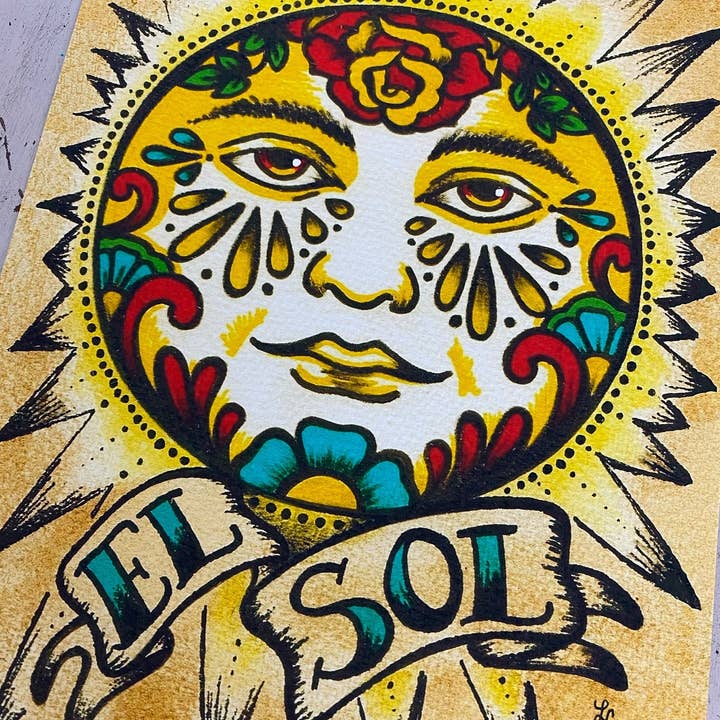 Traditionel tatovering sol "El Sol" Loteria mexicansk folkekunsttryk for engroshandel hos Illustrated Ink