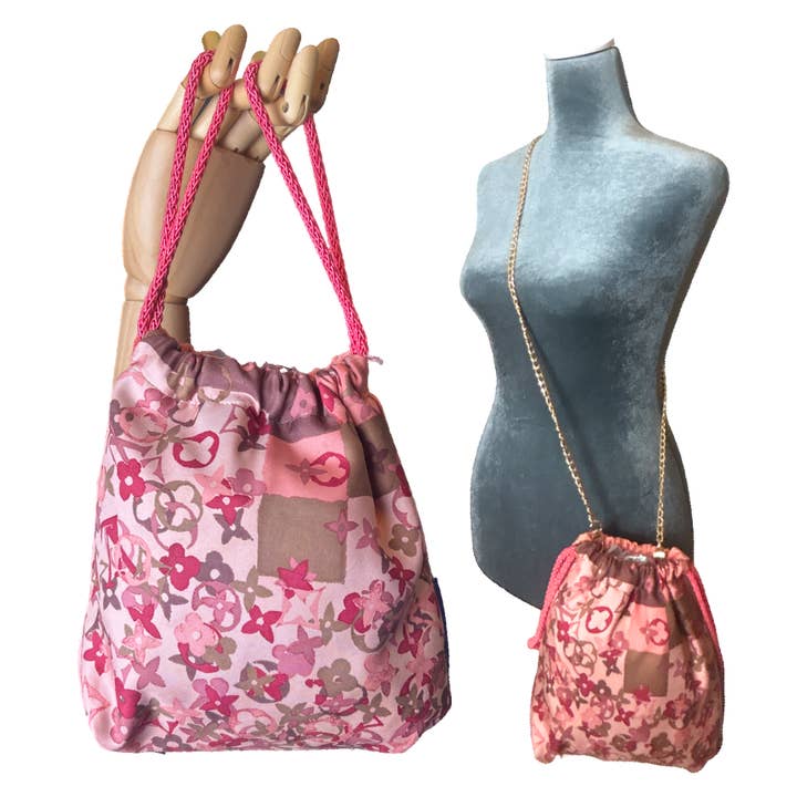 LV Tumbled Monogram Vintage Silk Scarf Drawstring Crossbody Bag for wholesale by Vintage Luxe Up