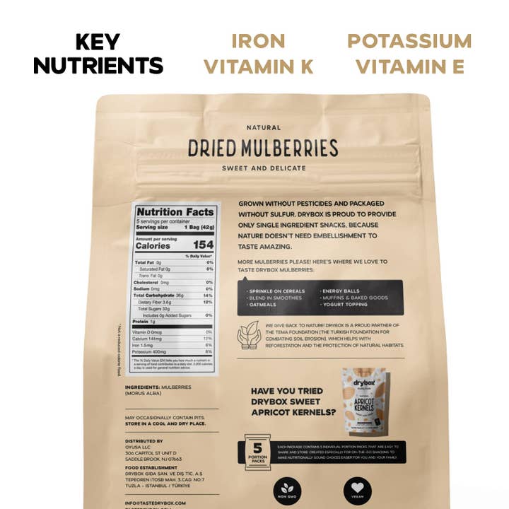 DRYBOX - Wholesale Dried/Dehydrated Fruit - Drybox Dried White Mulberries 1.5oz Mini Packs 5 Packs/BAG7