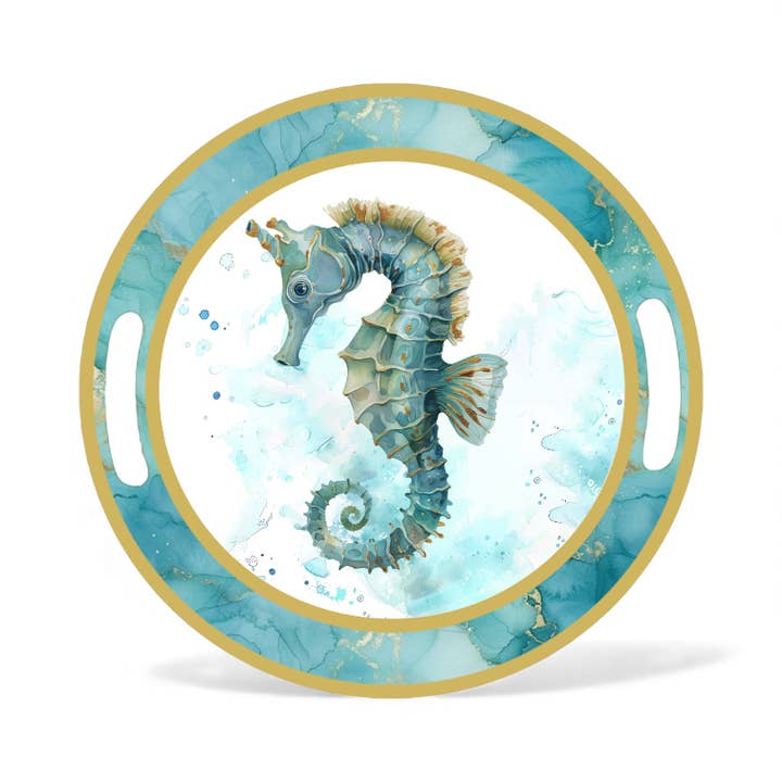 December Diamonds - Wholesale Decorative Tray - 14in Seahorse Round Tray w/Handles