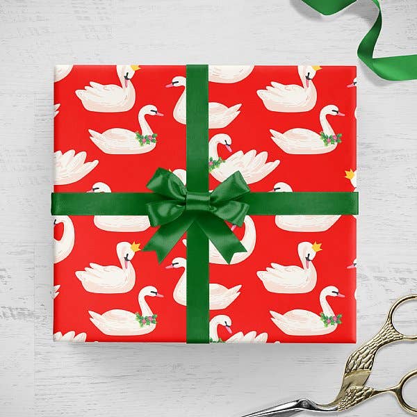 Loralee Lewis - Wholesale Wrapping Paper Roll - Christmas Seven Swans Swimming Red Gift Wrap