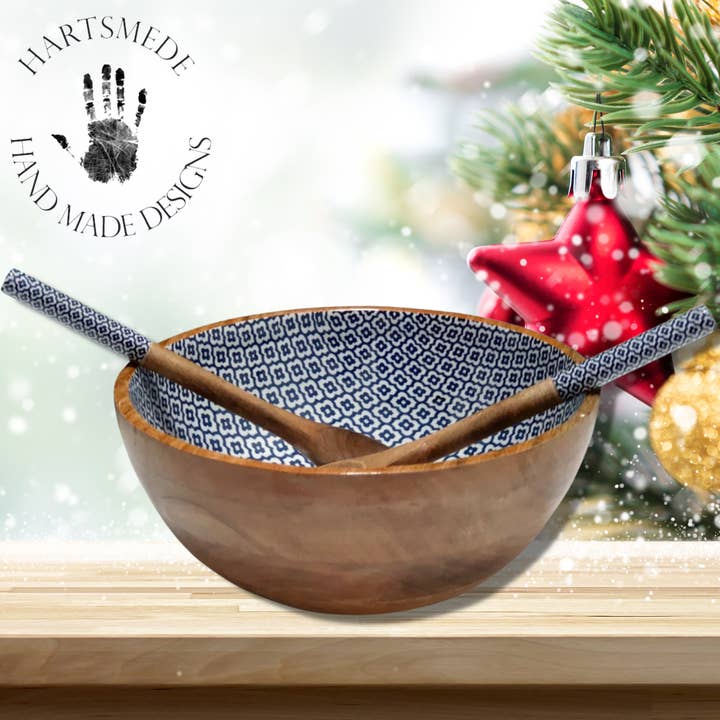 Handmade Serving Bowl with Spoons Stunning Prints Salad Bowl for wholesale by Hartsmede