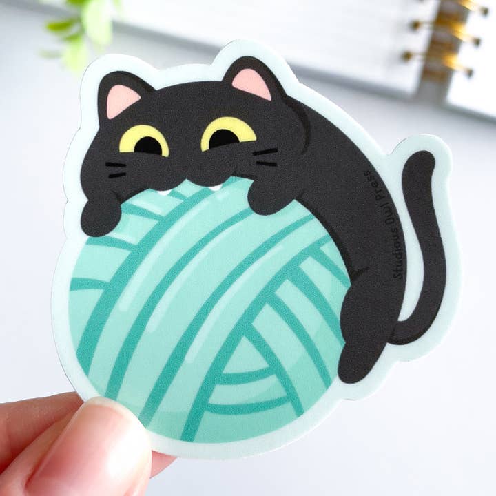 Cute Yarn Ball Black Cat Waterproof Matte Vinyl Sticker for wholesale by Studious Owl Press