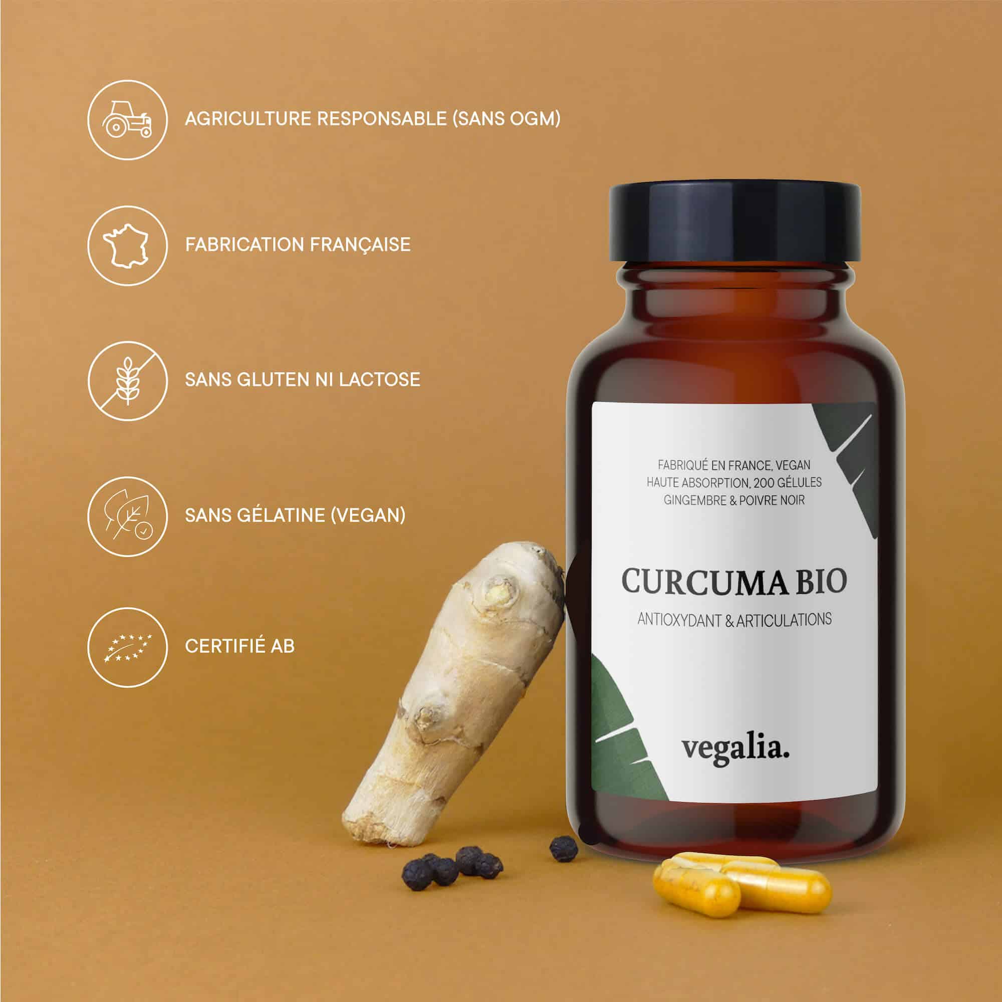 Vegalia - Vente Supplément oral/vitamine - Curcuma bio gingembre & poivre noir 200 gélules6