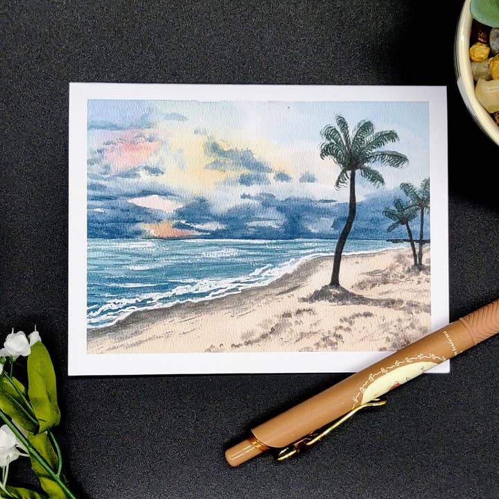 Kathryn Paul Fine Art - Wholesale Stationery/Notecard Set - Tropical Watercolor Notecard Set with Beach and Palm Trees2
