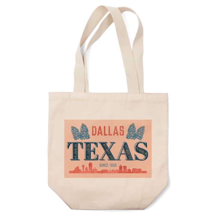 Lantern Press - Wholesale Tote Bag - Unisex - ORGANIC TOTE BAG Dallas, Texas, Skyline & State Flowers