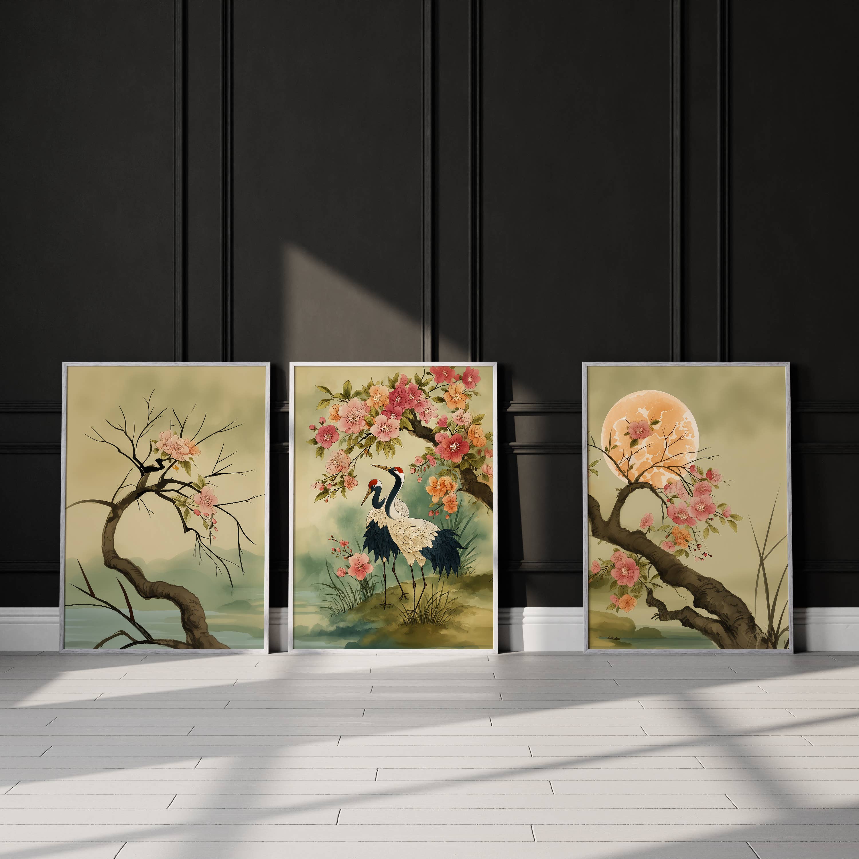 IuliiaArtPrints – wholesale Art print – Red-Crowned Cranes – Japanese Cherry Blossom Triptych Print6