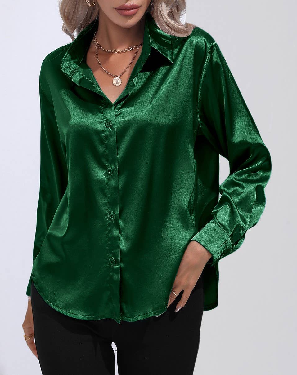 HIDDENBRAND - Wholesale Button Down Shirt - Women's - Satin Faux Silk Long-Sleeved Shirt23