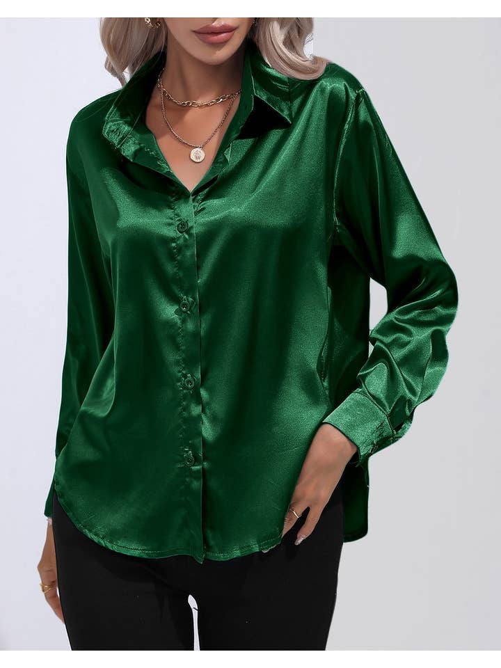 HIDDENBRAND - Wholesale Button Down Shirt - Women's - Satin Faux Silk Long-Sleeved Shirt23