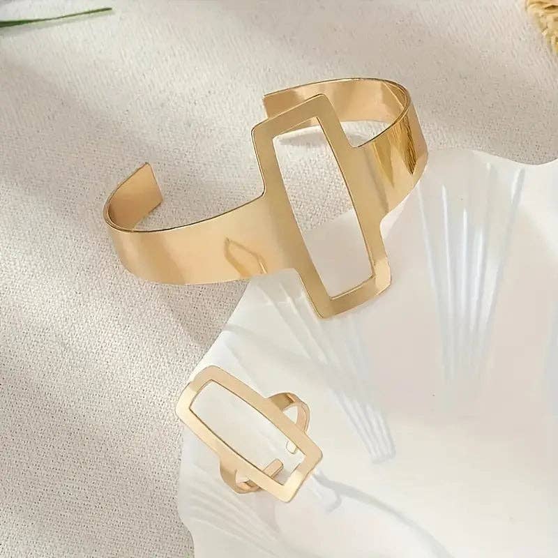 Huis Van Merken - Venta al por mayor Juegos de joyas - Set de pulsera abierta y anillo chapados en oro de 14K – Joyería sencilla y elegante para mujer2