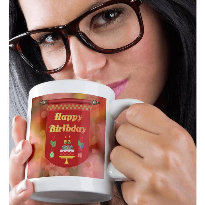 3dRose - Wholesale Coffee Mug - 3dRose, Happy 62nd Birthday Banner, Cake with Gifts and Balloons, Mug9