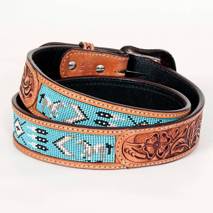 LS Western - Wholesale Belt - Women's - BEE104-Turquoise Western Leather Belt Tan1