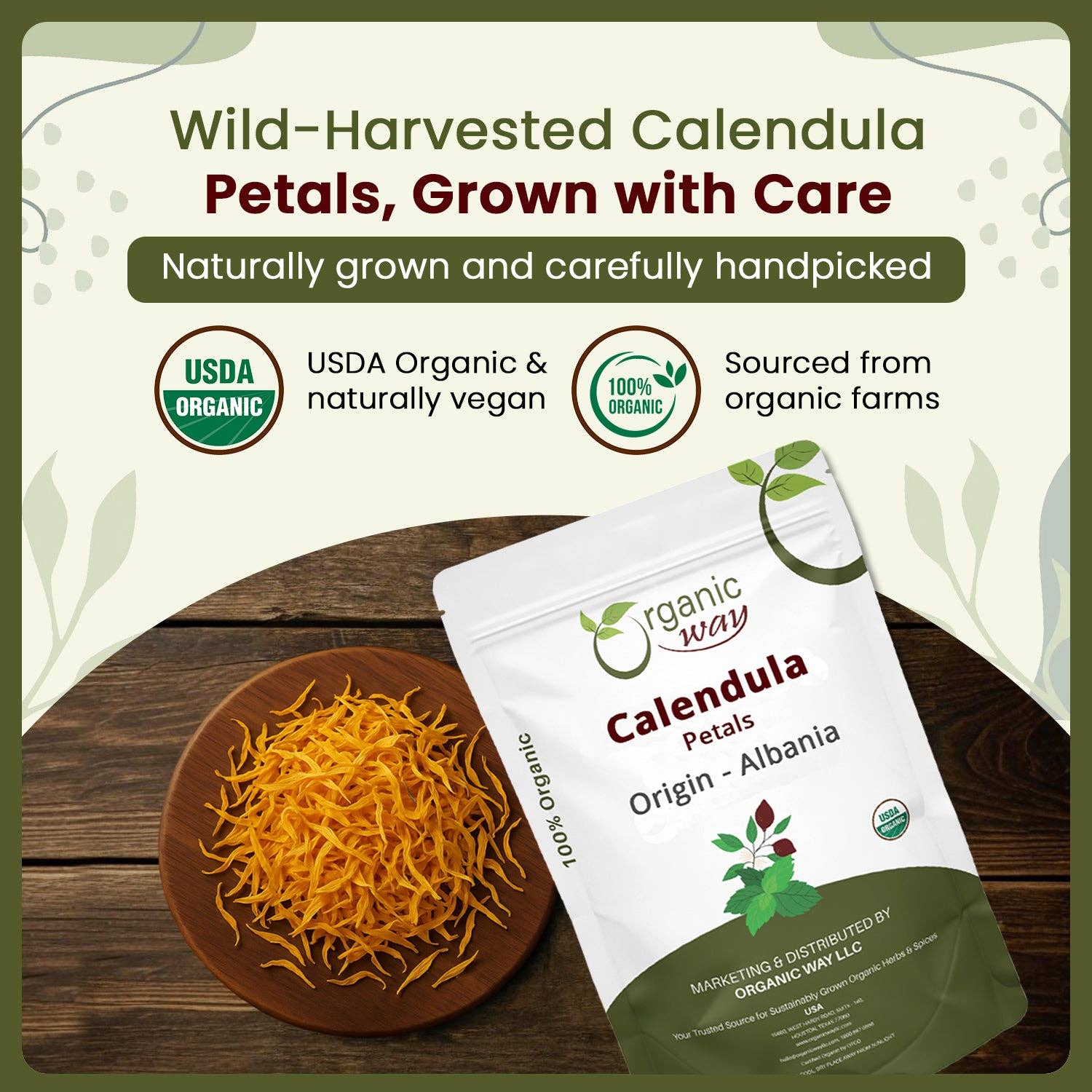 Organic Way LLC - Wholesale Herbs - Dried Calendula Petals | Herbal Tea (Calendula Officinalis) - European Wild-Harvest | Kosher Certified | USDA Certified | Origin - Albania2