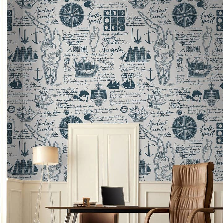 Papel de Parede Removível com Padrão de Mapa de Viagem de Marinheiro e Navio por atacado de GK Home Decor