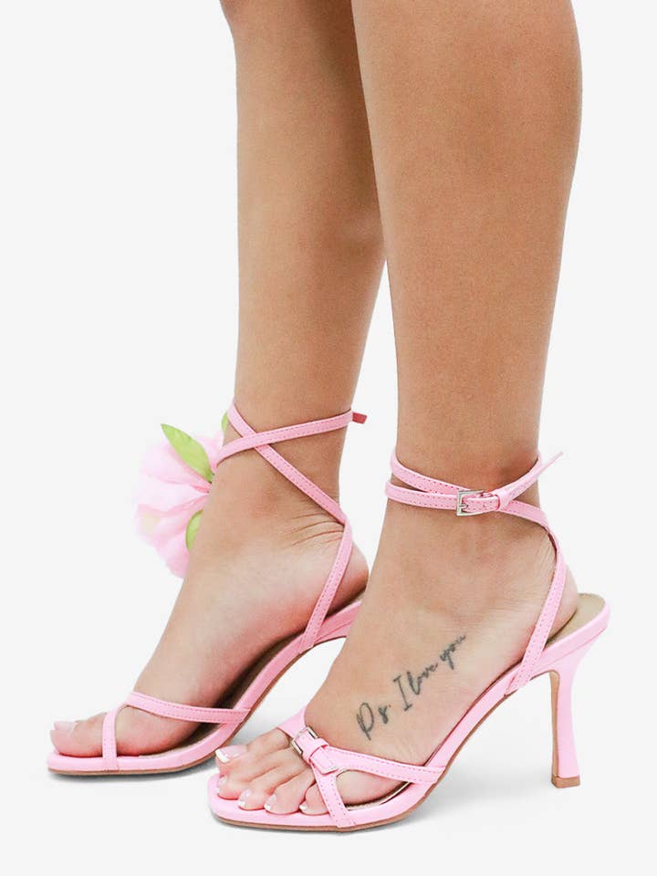 Lemonade Shoes - Wholesale High Heels - Women's - MAI - Flower Heel, Strappy Square Toe, Black/Pink10