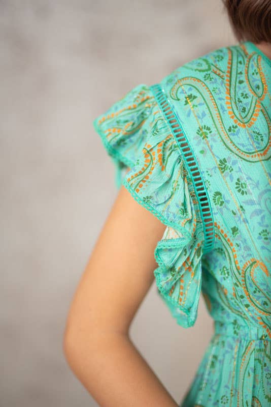 Lula Natura - Vente Robe – femme - Robe verte Selene à manches courtes et boutonnière5