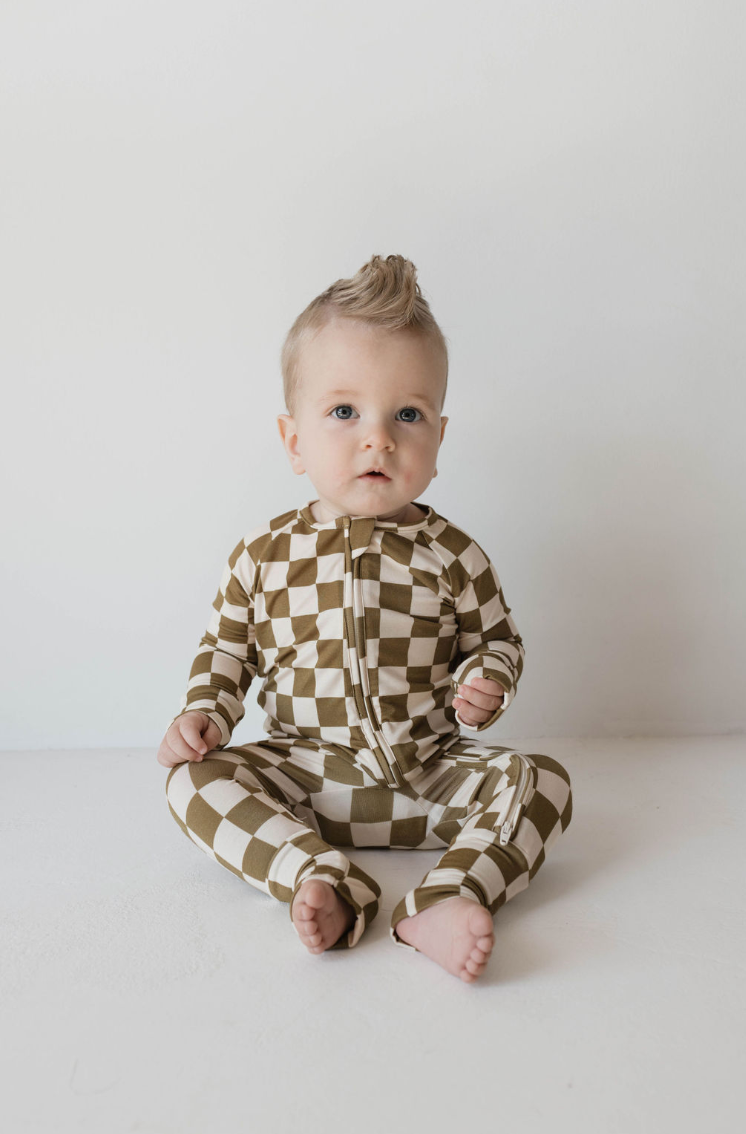 Forever French Baby - Wholesale Sleepsuit - Baby - Bamboo Zip Pajamas  | Olive Checkerboard1