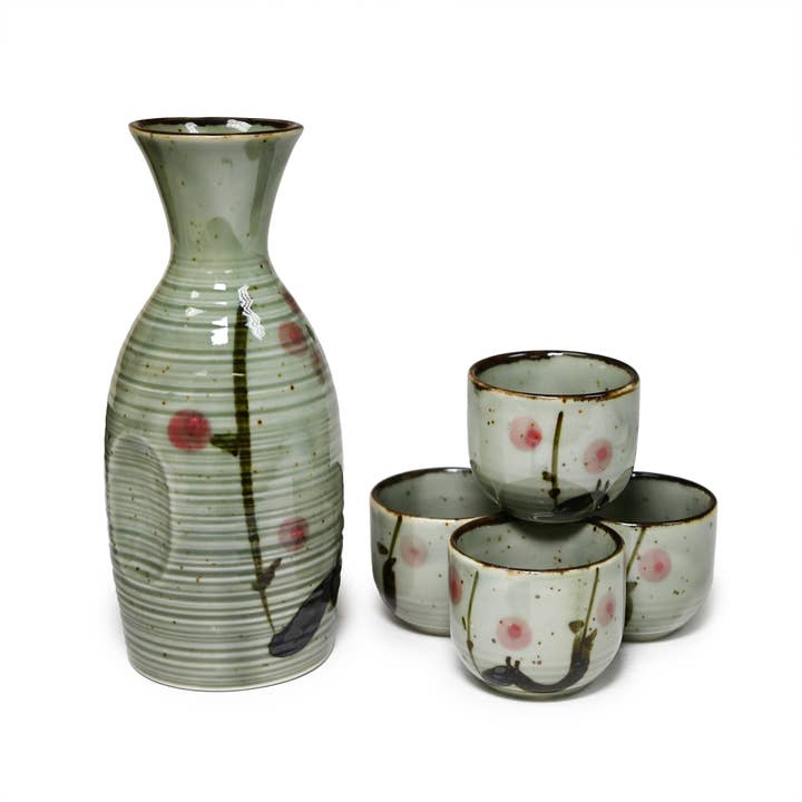 SAKE SET – GREEN PLUM BLOSSOM DESIGN for wholesale by Fuji Merchandise Corporation