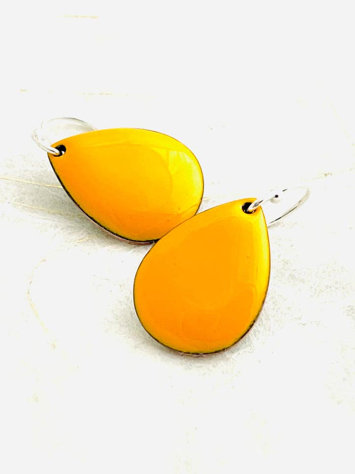 Small Teardrop Earrings, Marigold Yellow Enamel for wholesale by Magpie Mouse Studios