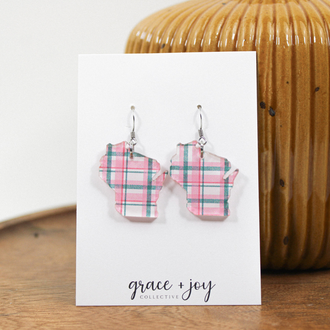 Grace + Joy Collective - Wholesale Dangle Earrings - Pink and grey plaid Wisconsin Dangle Earrings, Acrylic 0