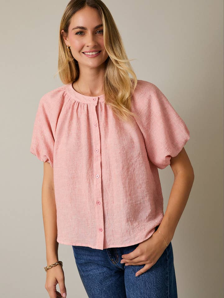 GATHERED NECKLINE BUBBLE SLEEVES BUTTON UP BLOUSE for wholesale by GILLI
