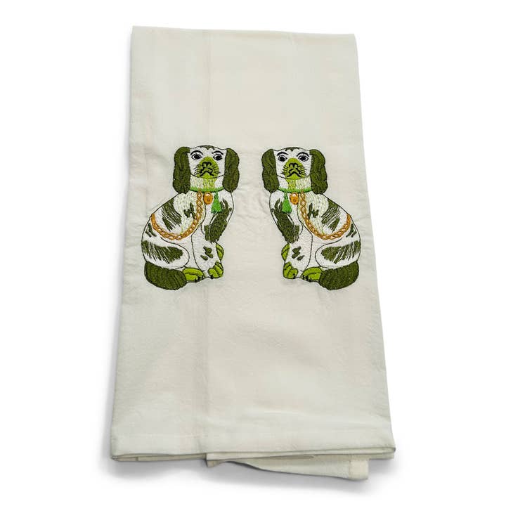 Towel - Green Staffordshire Dogs Pair on white for wholesale by Vibrantly Blue