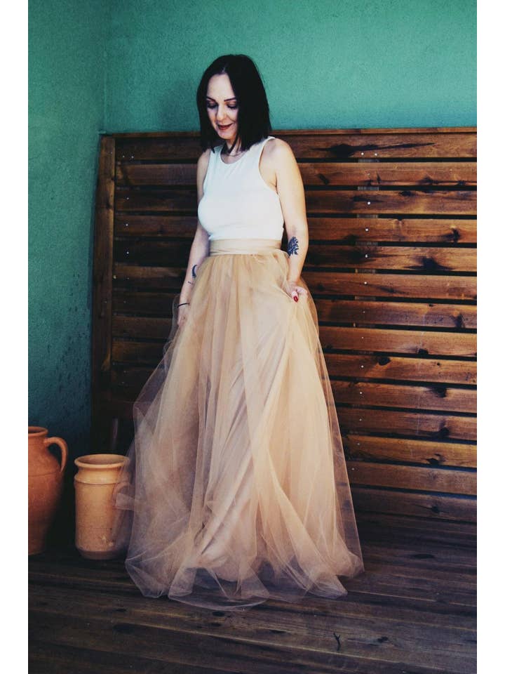 Modayladans – Großhandel Rock – Damen – Langer beiger Tüllrock | Hochzeitsbrautjungfer beiger Tüll1