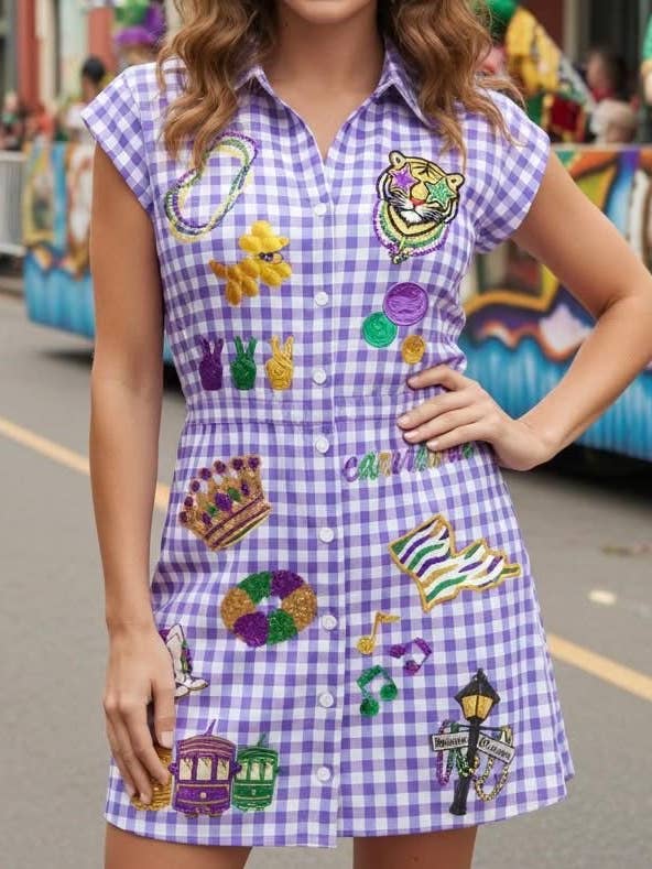 Mardi Gras Gingham Sequin Patch Dress with Pockets! for wholesale by Sash Clothing Bar