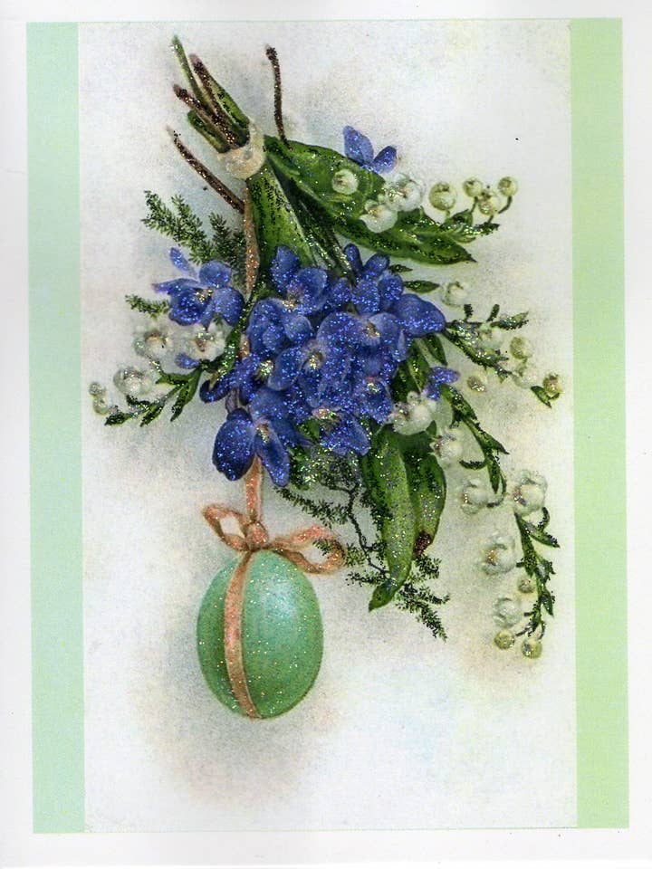 Bouquet of Lilies of the Valley & Easter Egg Glitter Card for wholesale by The Marble Faun Gifts