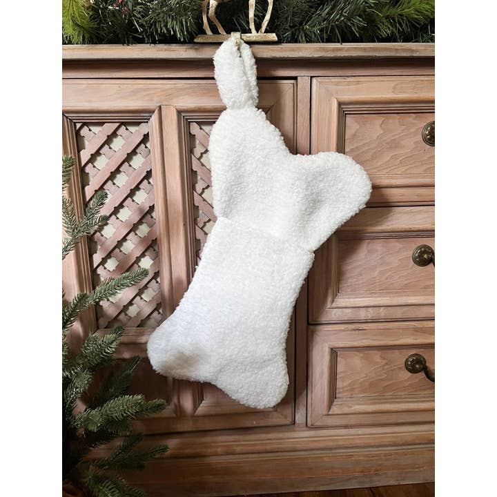 Sherpa Dog Bone Christmas Stocking with Front Pocket - White for wholesale by Winnie and the Hound