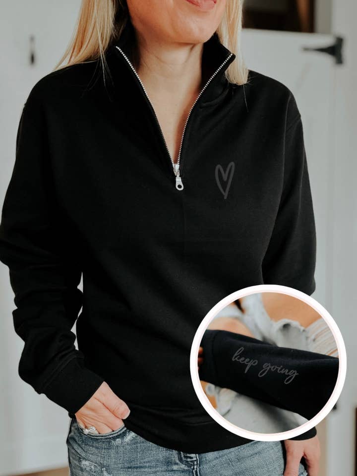 Keep Going Embroidered Ultimate 1/4 Zip Sweater for wholesale by Blonde Ambition | Jewelry | Valentines Gift & Sweaters