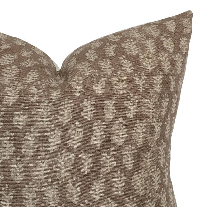 Linen & James - Wholesale Throw Pillow Cover - Andie | Warm Brown Floral Handblock Pillow Cover