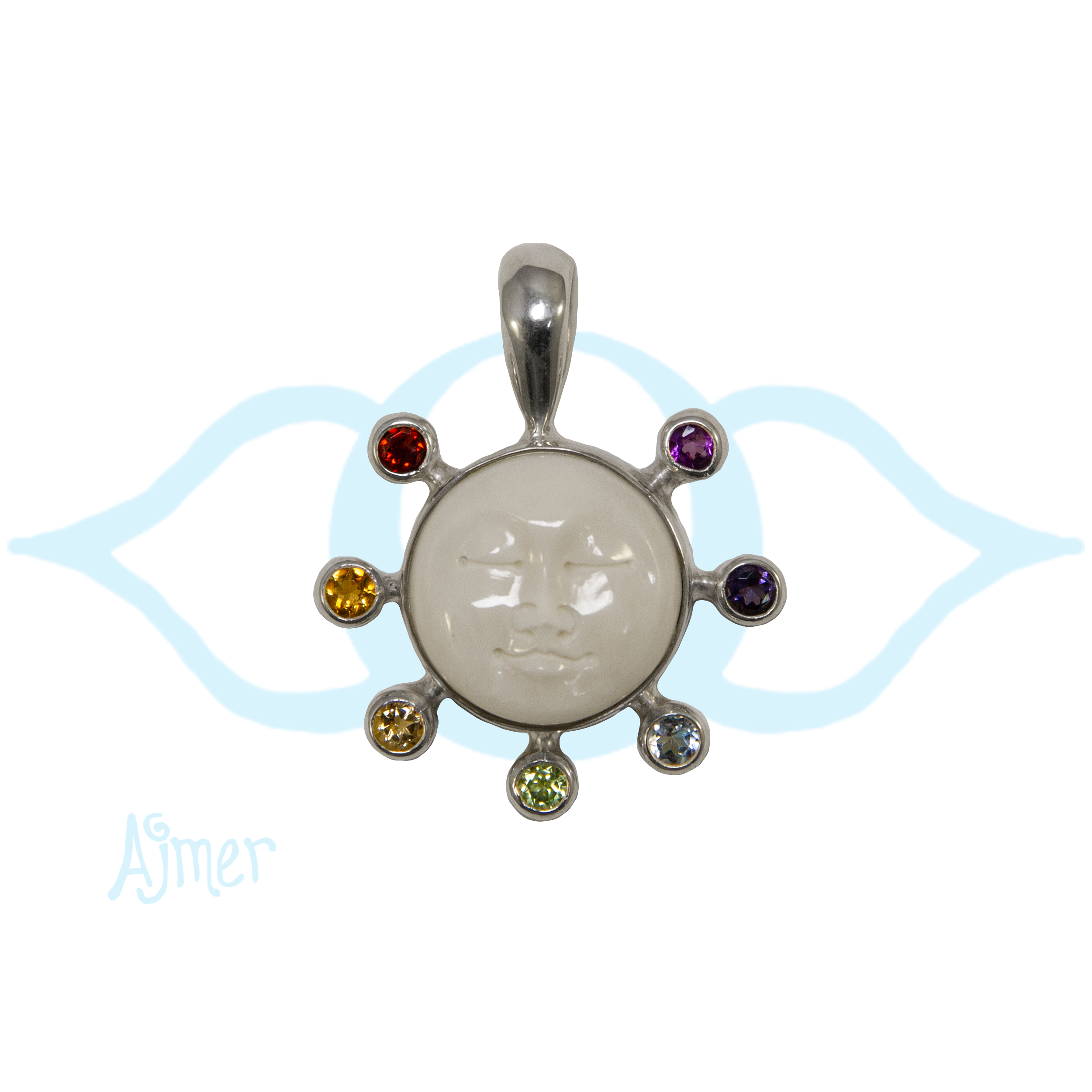 Ajmer by Jodi - Wholesale Individual Charm/Pendant - Moon Face Chakra Pendant in sterling silver ~ 7 faceted gems1