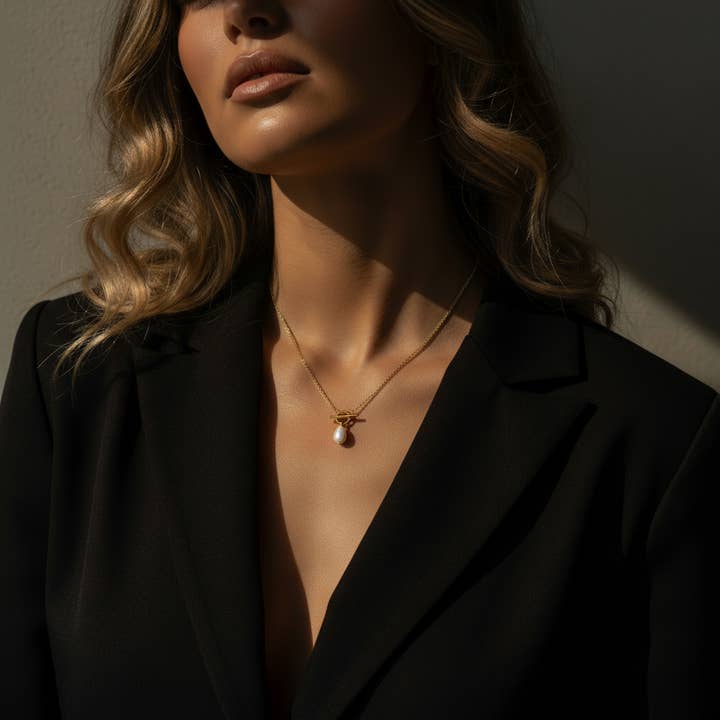 Gold Lunar - Wholesale Pendant/charm necklace - T Bar & Pearl Drop Necklace 18k Gold Plated Modern Jewellery1