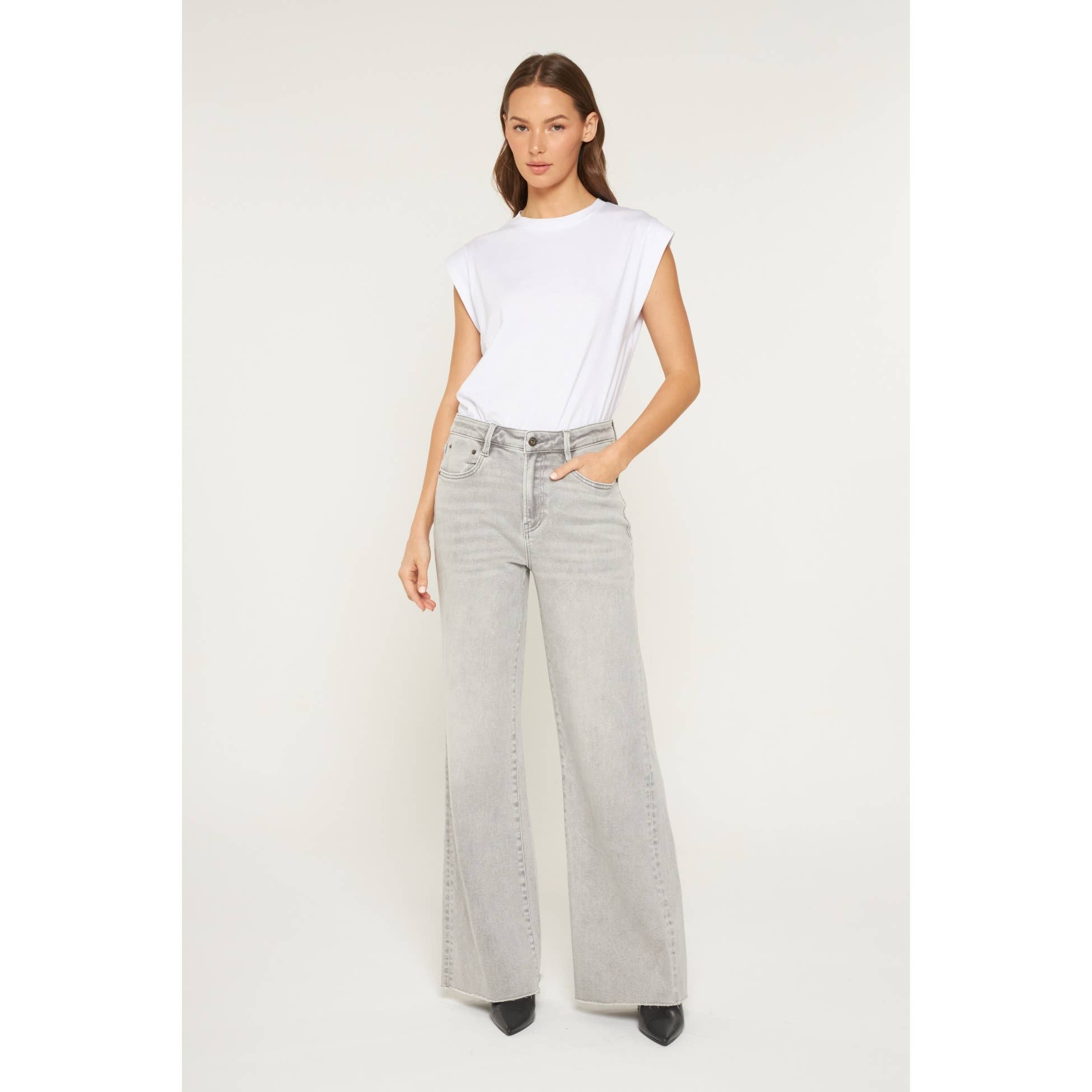 PLATINUM GREY SUPER HIGH WIDE LEG WITH RAW HEM for wholesale on Faire0
