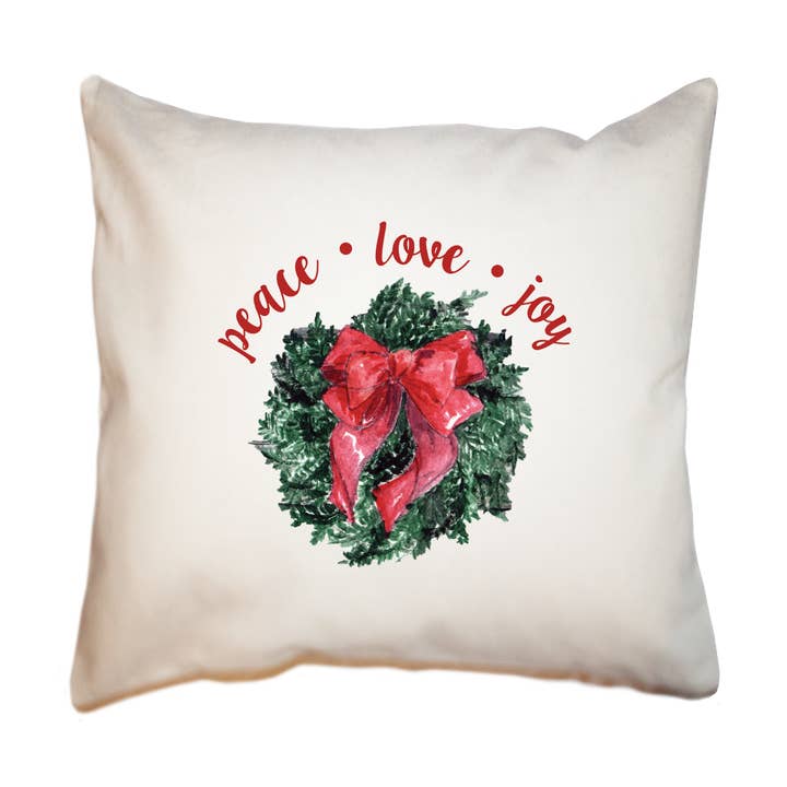 Coussin carré italique en forme de couronne avec nœud Peace Love Joy pour la vente par Tina Labadini Designs