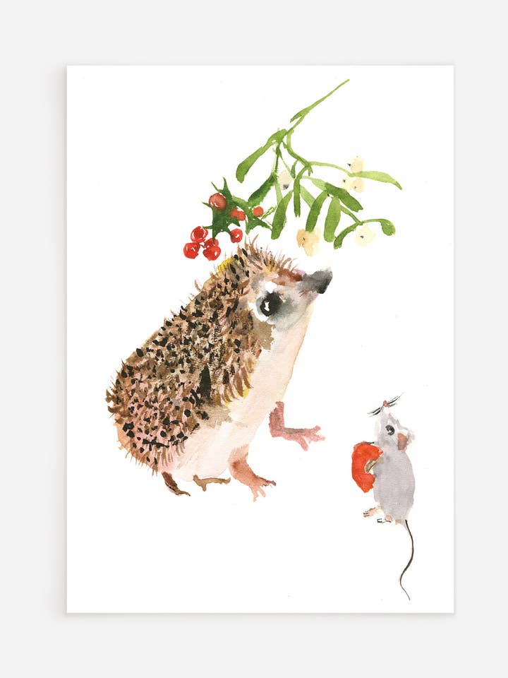 Carte postale A5 Hérisson et souris pour la vente par Ping He Art
