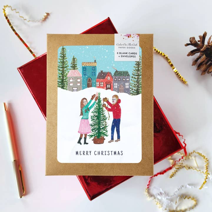 Julekort i æske - sæt med 8, julekort i æske for engroshandel hos ColorOnTheCrib Inc.